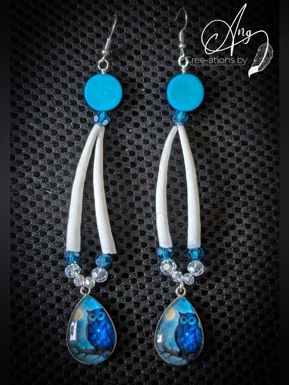 Native Blue Owl Buffalo Bone & Dentalium Shell Dangle Earrings